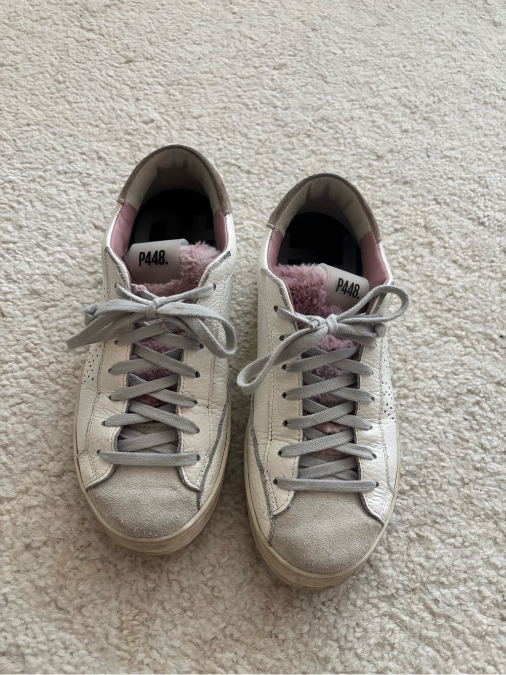 P448 Women's White Leather Sneakers with Pink Lining